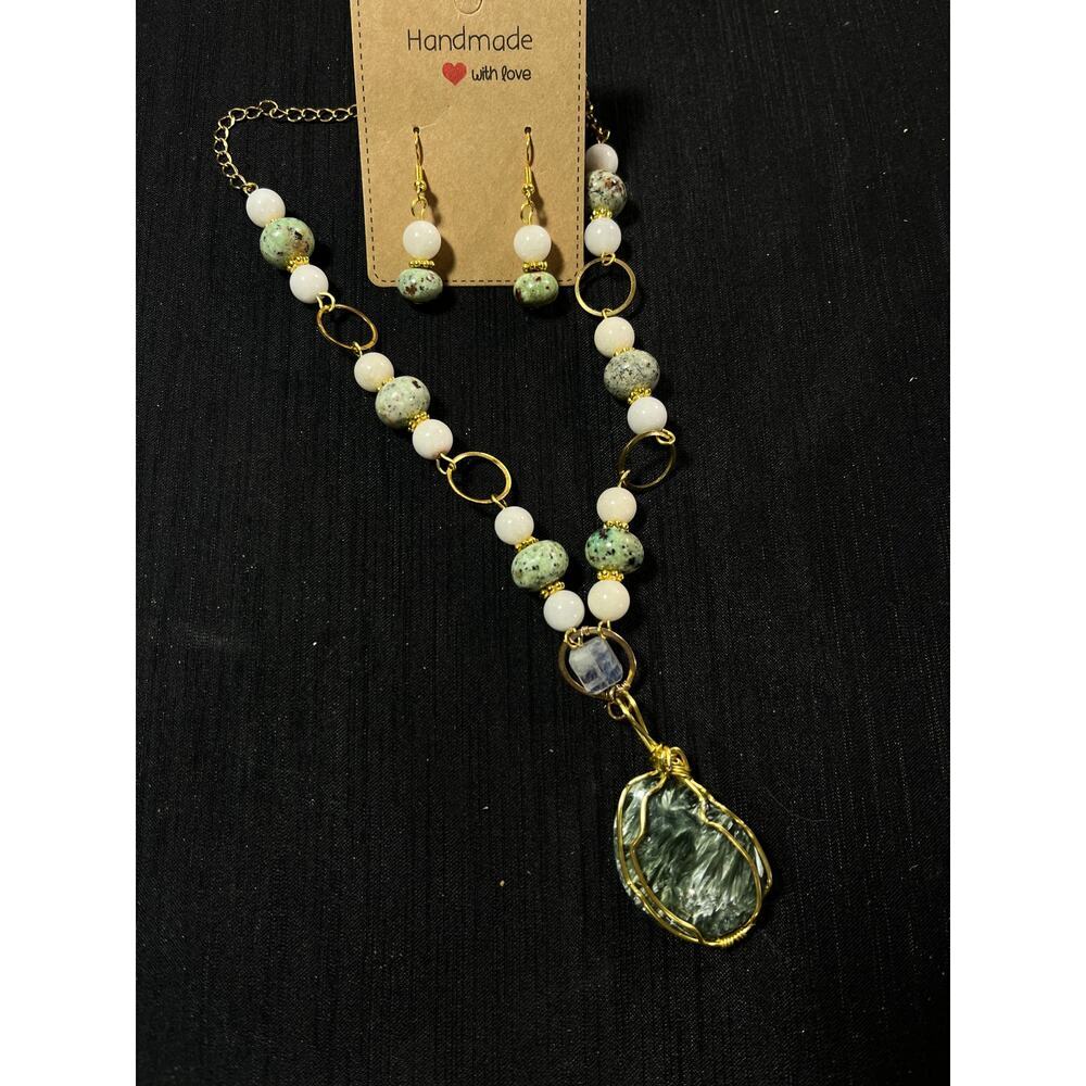 Nephrite Jade 1 1/2" cabochon ocean jasper beads gold wire pendant 20" earrings - Picture 4 of 5